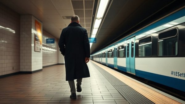 Commuter on subway platform, reflecting workplace travel.