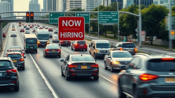 Busy highway with 'Now Hiring' sign for young workers job switch better pay.