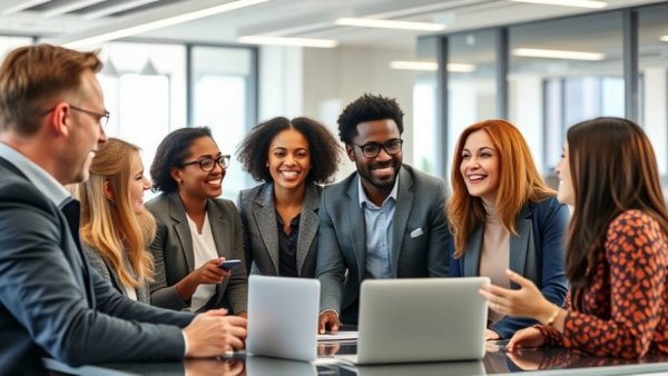 Diverse team discussing employee engagement strategies in a modern office.