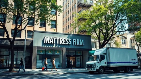 Mattress Firm store with pedestrians and delivery truck in urban setting.