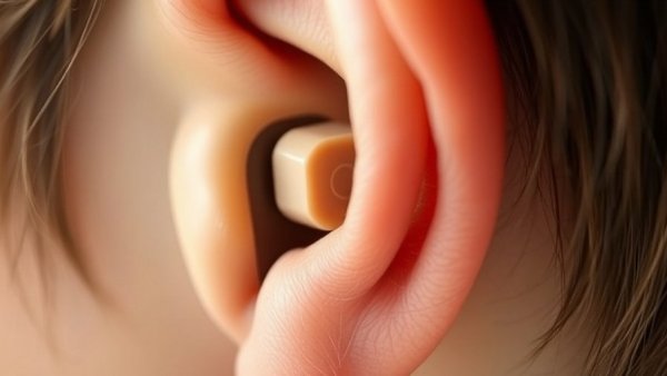 Close-up of an ear wearing a hearing aid, highlighting discrimination against deaf workers.