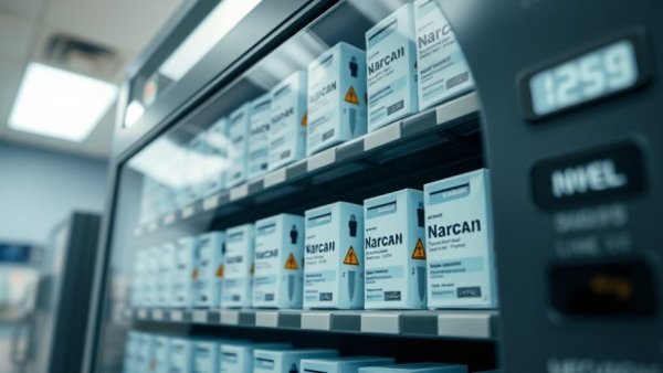 Close-up of Narcan vending machine highlighting opioid overdose prevention.