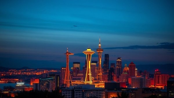 Seattle skyline at dusk with vibrant city lights and Space Needle