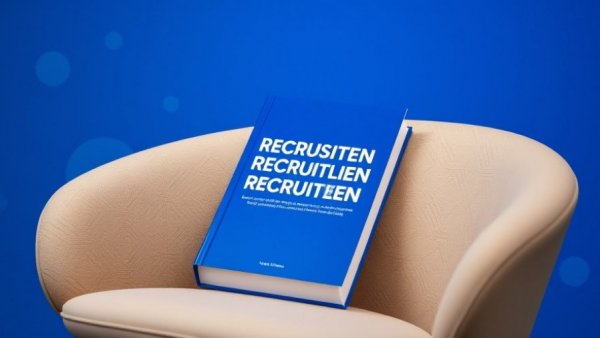 Blue recruitment book on chair with blue background.