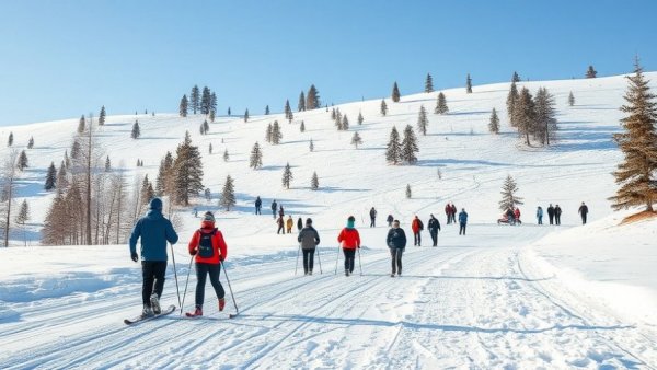 A scenic winter day with people skiing down a snow-covered hill surrounded by bare trees.