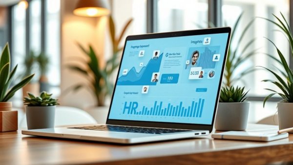 Laptop showing employee experience management tools in modern office.