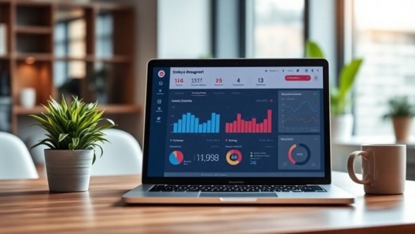 Laptop displaying employee experience management software on office desk.