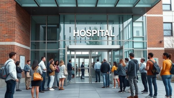 Hospital entrance with people standing, related to age discrimination lawsuit