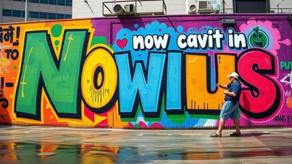 Artist painting motivational mural outdoors in urban setting