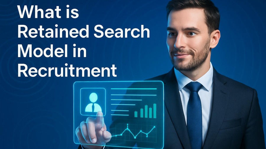 Professional recruiter with AI interface visualizing retained search model in recruitment.