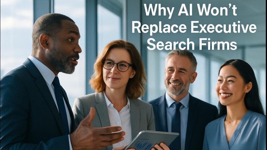 Diverse executives discuss AI insights in a bright office; hiring solutions in focus.