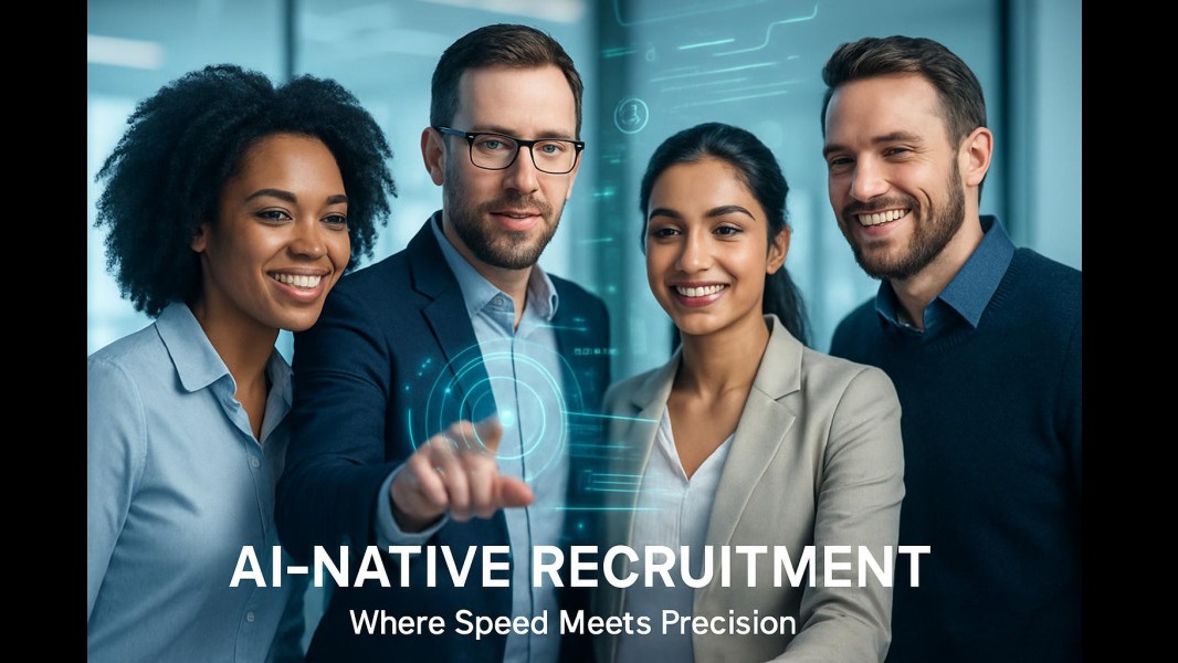 Diverse professionals engaging with AI recruitment services in a bright office.
