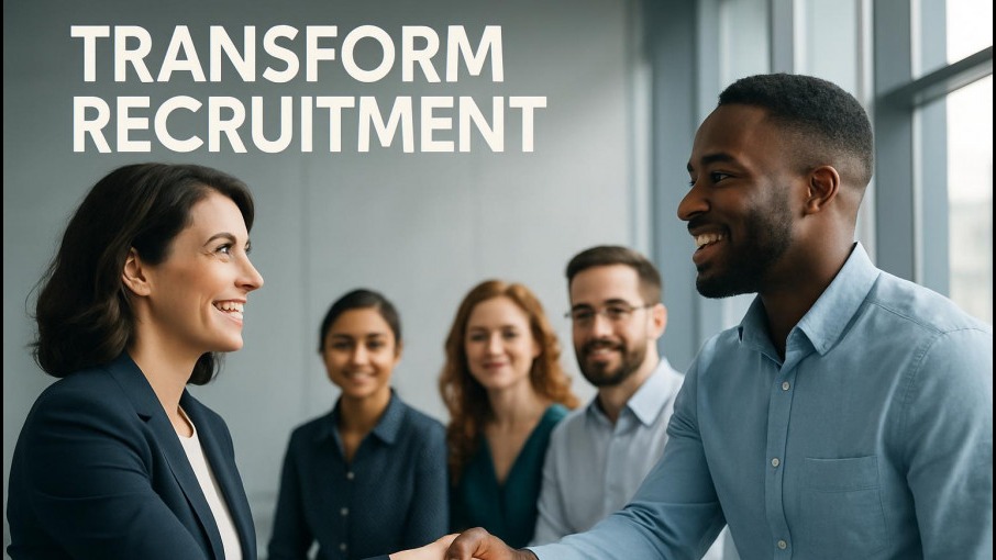 Confident recruiter shaking hands with diverse candidates in modern office, showcasing recruitment services.