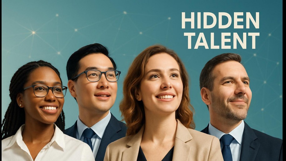 Diverse professionals showcasing hidden talent in a vibrant digital network, highlighting recruitment services.