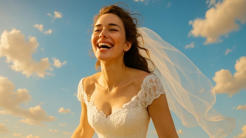 Joyful woman in a wedding dress embodies self-acceptance under a vibrant sky.