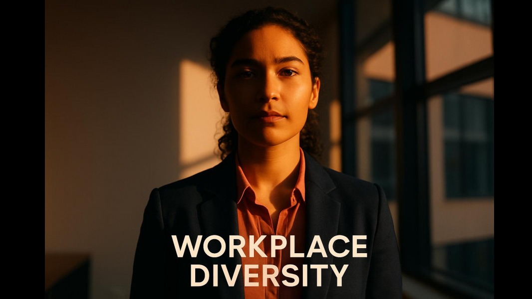 Confident young professional symbolizes workplace diversity in modern office.