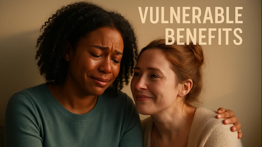 A diverse pair of friends sharing an authentic conversation, embodying self-compassion during a vulnerability hangover.