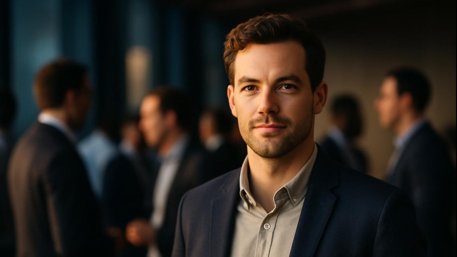 Confident recruiter at networking event, promoting recruitment services.