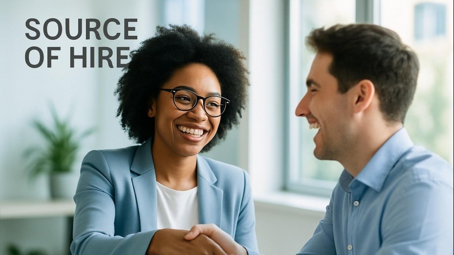 Diverse recruiter shaking hands with a new hire, showcasing recruitment services.