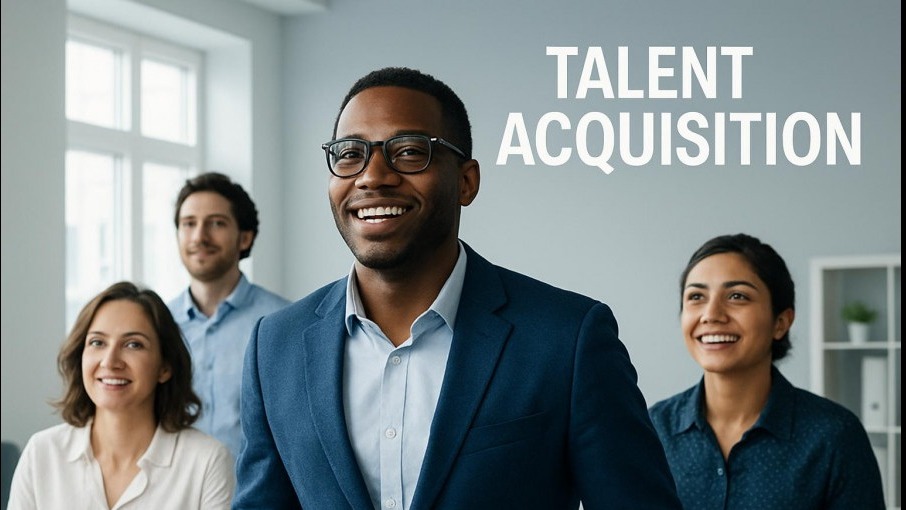 Diverse professionals inspired in a bright office, showcasing effective recruitment strategies.