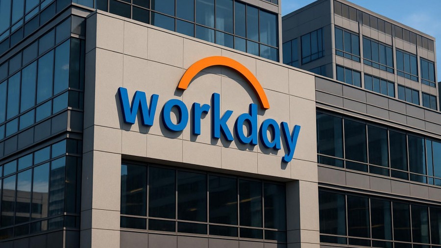 Workday logo on a modern building, symbolizing AI hiring tools and HR compliance.