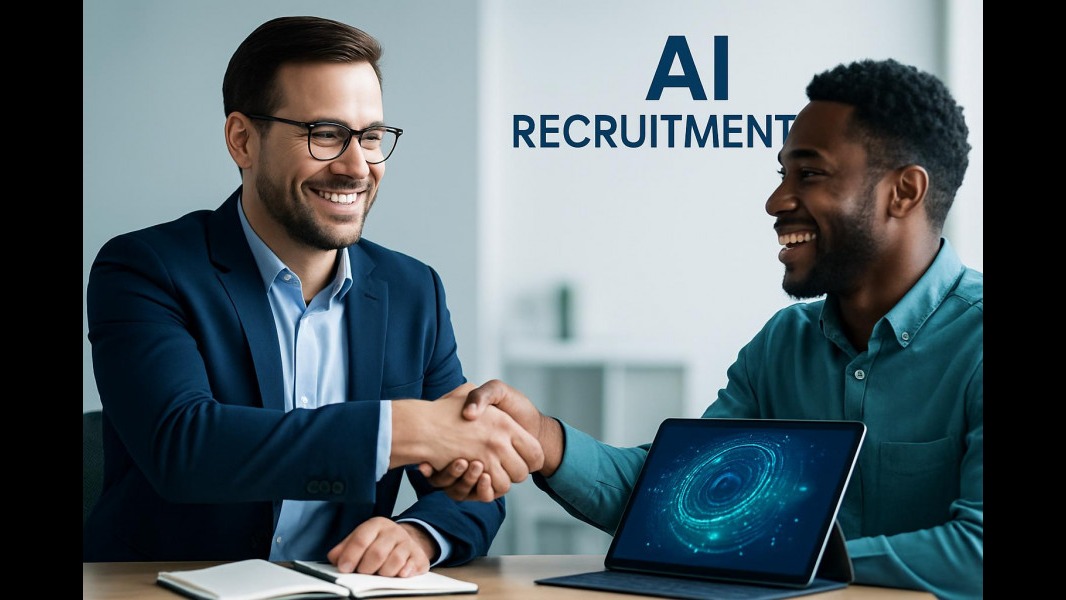 Confident HR manager and diverse candidate shaking hands, highlighting recruitment services.