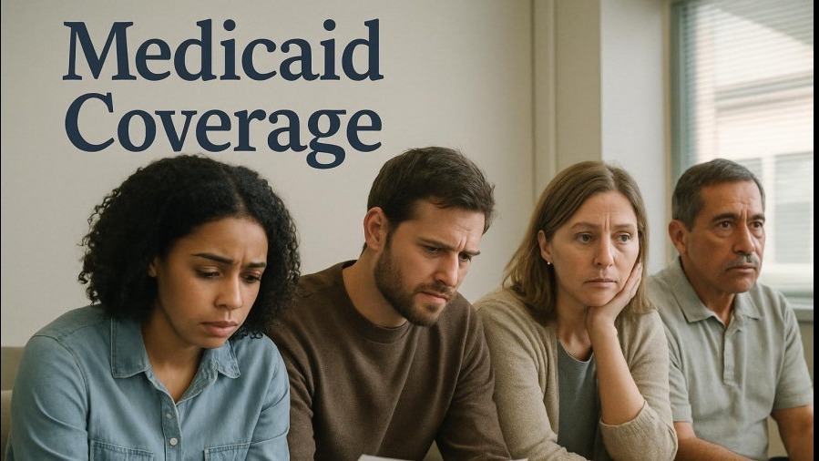 Concerned adults reviewing Medicaid work requirements in a government office.