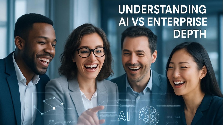 Diverse business professionals joyfully collaborating with AI elements, highlighting talent acquisition.