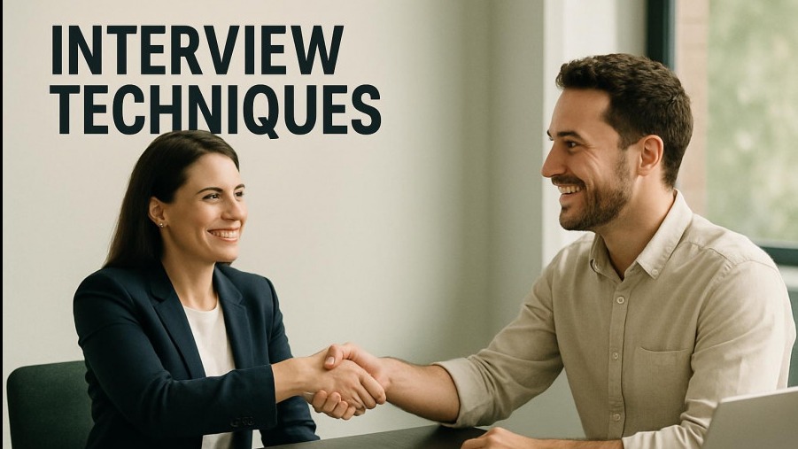 Confident recruiter engages with smiling candidate in structured interviews.