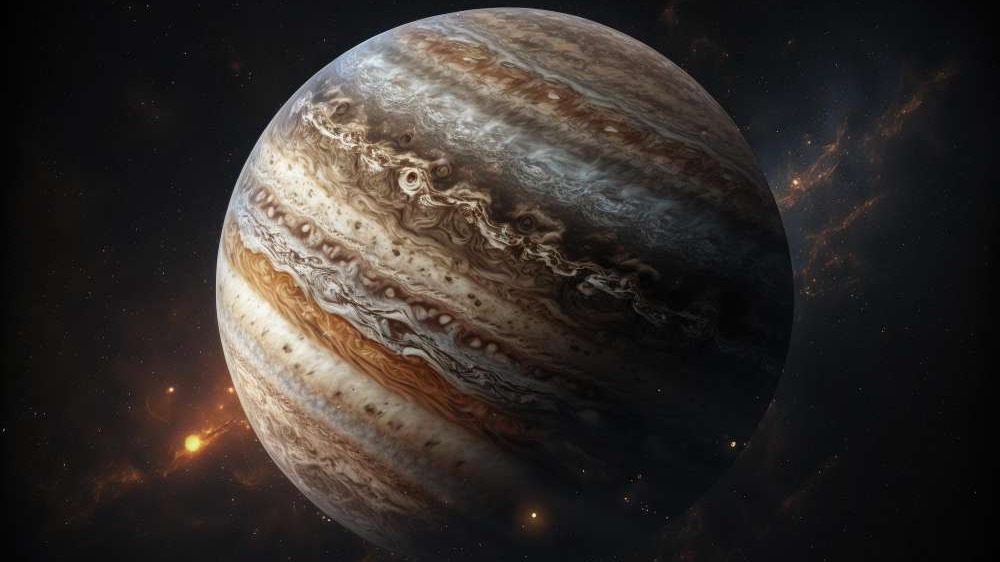 Jupiter in Cancer cosmic illustration with starry background.