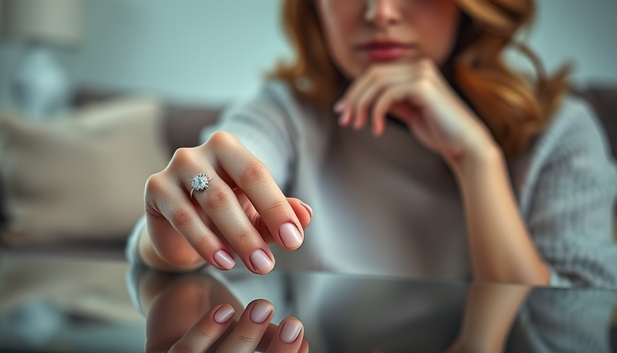 Contemplative woman placing a ring on a glass table, HR strategy consulting setting.