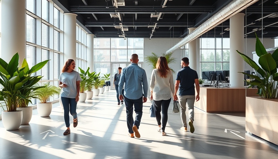 Employees walking in a modern office setting demonstrating employee engagement.