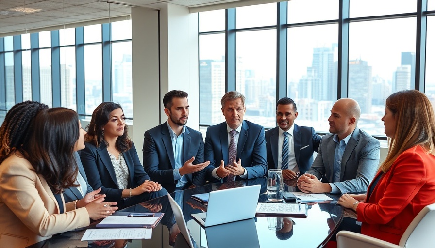 Diverse professionals discussing social media employment law in modern office.