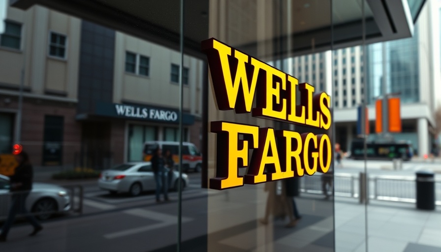Wells Fargo logo on building facade reflecting city in overcast light.