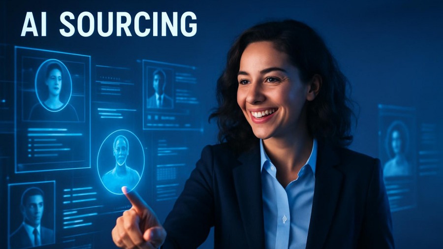 Dynamic recruiter smiling amidst holographic AI profiles in talent acquisition.