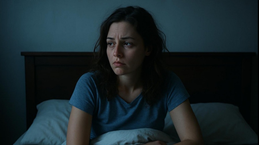 Sleepless woman in bed illustrating 12th House sleep patterns in astrology.