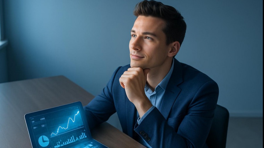 Young business professional engaging with a digital financial dashboard for fintech innovation.