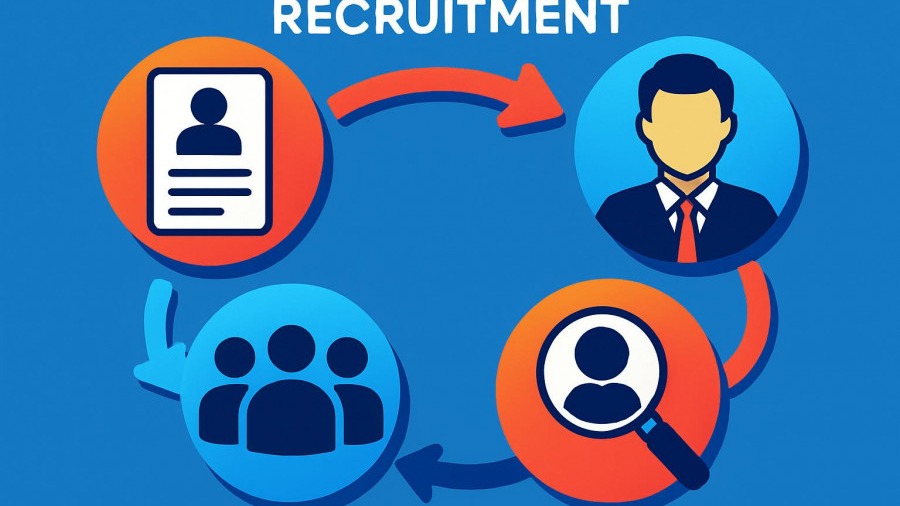 Colorful recruitment workflow illustration showcasing hiring strategies and candidate engagement.