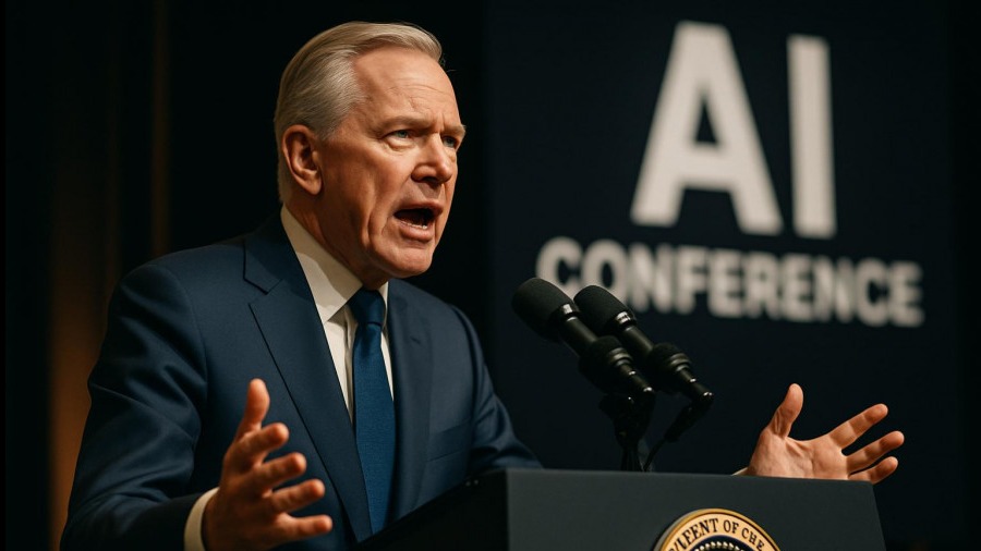 Distinguished man in blue suit delivering workforce insights at an AI conference.