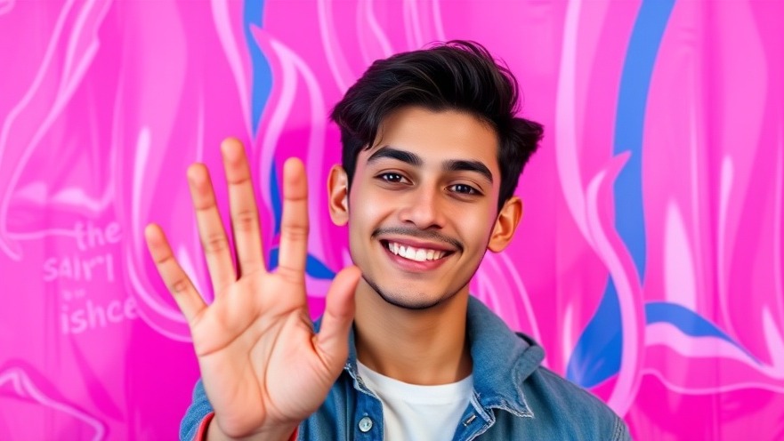 Confident young man showcasing smart home technology with vibrant background.