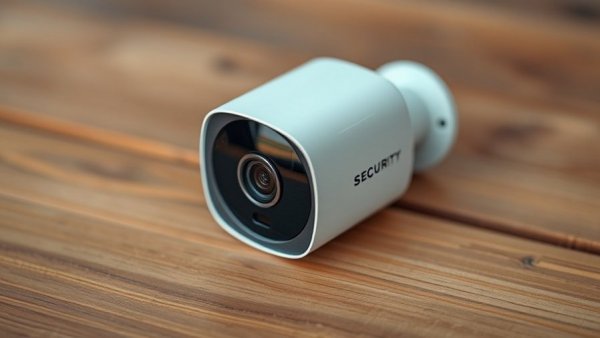 Smart security camera on wooden surface under natural light.