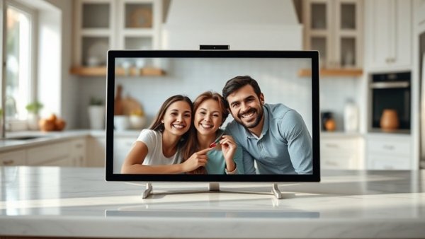 Smart home display device with family video call, showcasing smart home automation features.