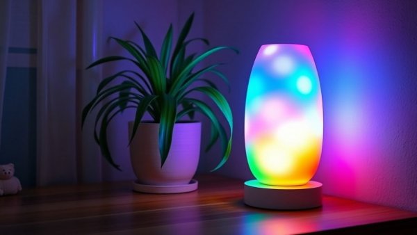 Smart home lighting for mood enhancement with colorful LED lamp.