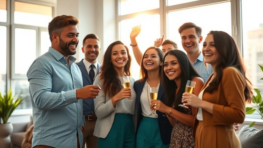 Diverse young professionals celebrating in a stylish apartment, symbolizing employee engagement.