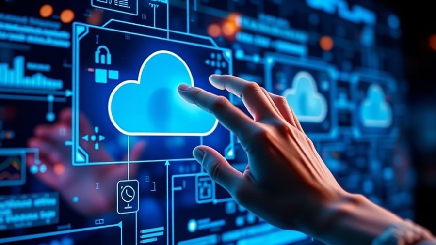 Futuristic cloud computing scene showcasing cloud migration benefits and business efficiency.