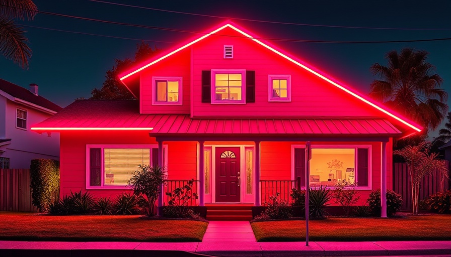 Neon suburban house with dollar bills backdrop, housing affordability crisis