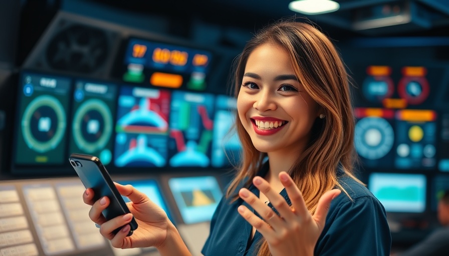 Woman engaging with smartphone in tech studio for AI video generation app Sora.
