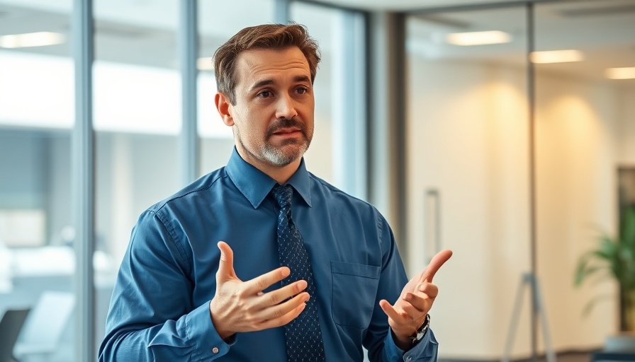 Confident speaker explaining concepts in office presentation.