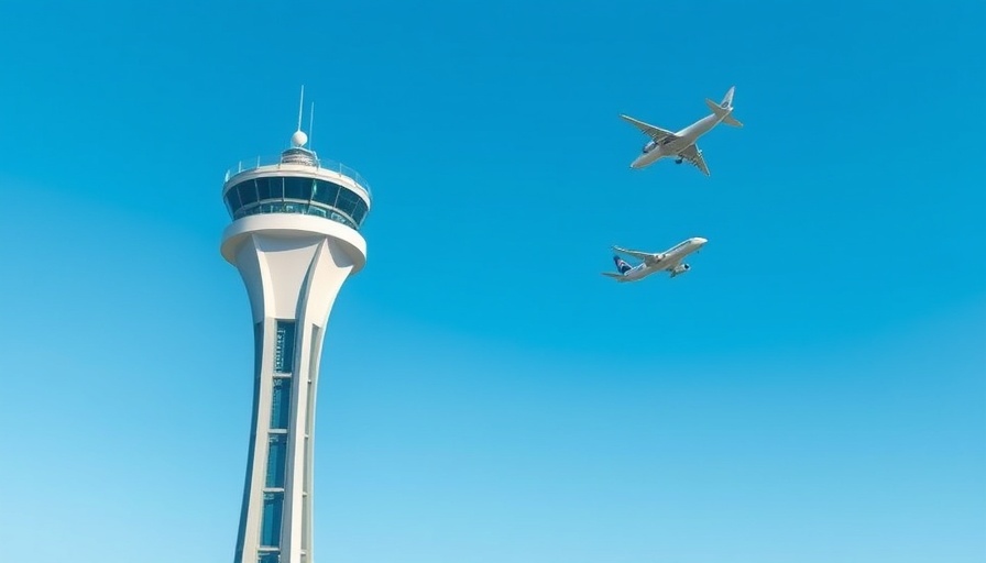 Airport control tower with airplane in blue sky symbolizing air traffic staffing shortages.
