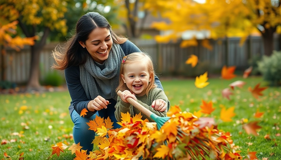 Cozy backyard moment with family raking leaves in autumn